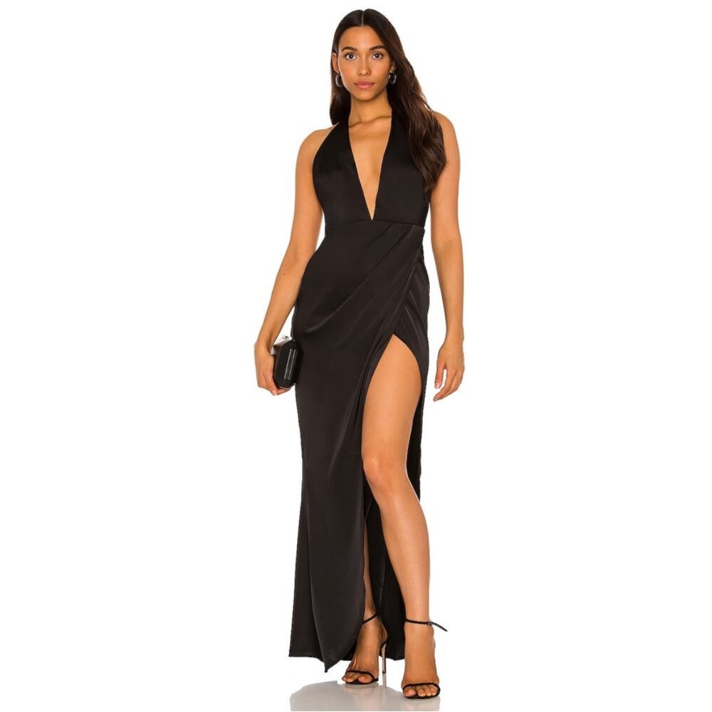 Nookie Black Plunge Halter Maxi Dress with High Leg Slit